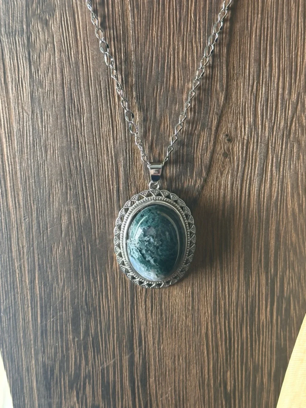 Silver-Tone Green Stone Oval Pendant Necklace - Women Jewelry - Picture 8 of 15